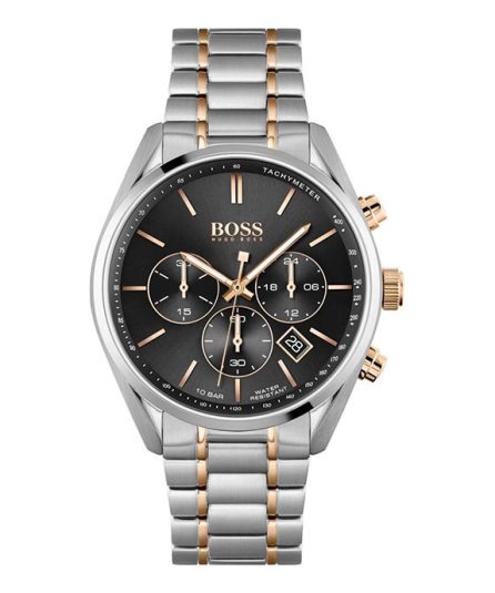 Hugo Boss Champion Silver/Rose Gold Steel Black Dial 44mm Men's Watch 1513819