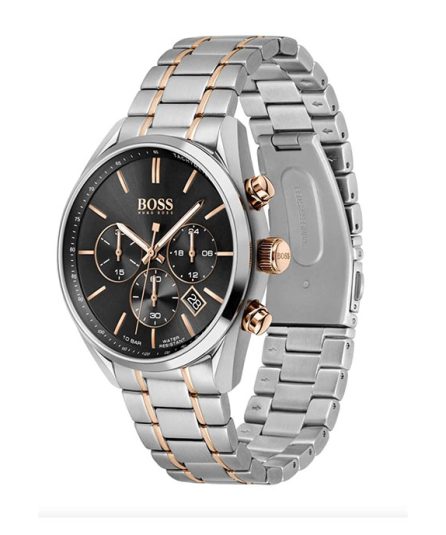 Hugo Boss Champion Silver/Rose Gold Steel Black Dial 44mm Men's Watch 1513819