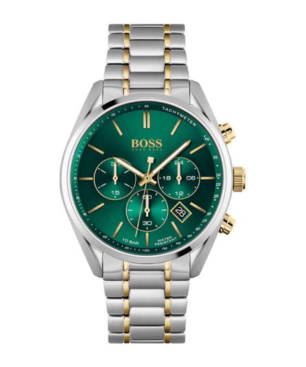 Hugo Boss Champion Silver Gold Stainless Steel Green Dial 44mm Men's Watch 1513871