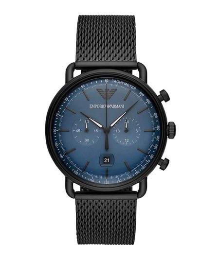 Emporio Armani Aviator Black Steel Blue Dial 44mm Men's Watch AR11201