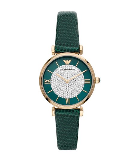 Emporio Armani Gianni T-bar Green Leather Gold Dial 32mm Women's Watch AR11403