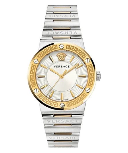 Versace Greca Logo Silver/Gold Steel White Dial 42mm Men's Watch VEVH00620